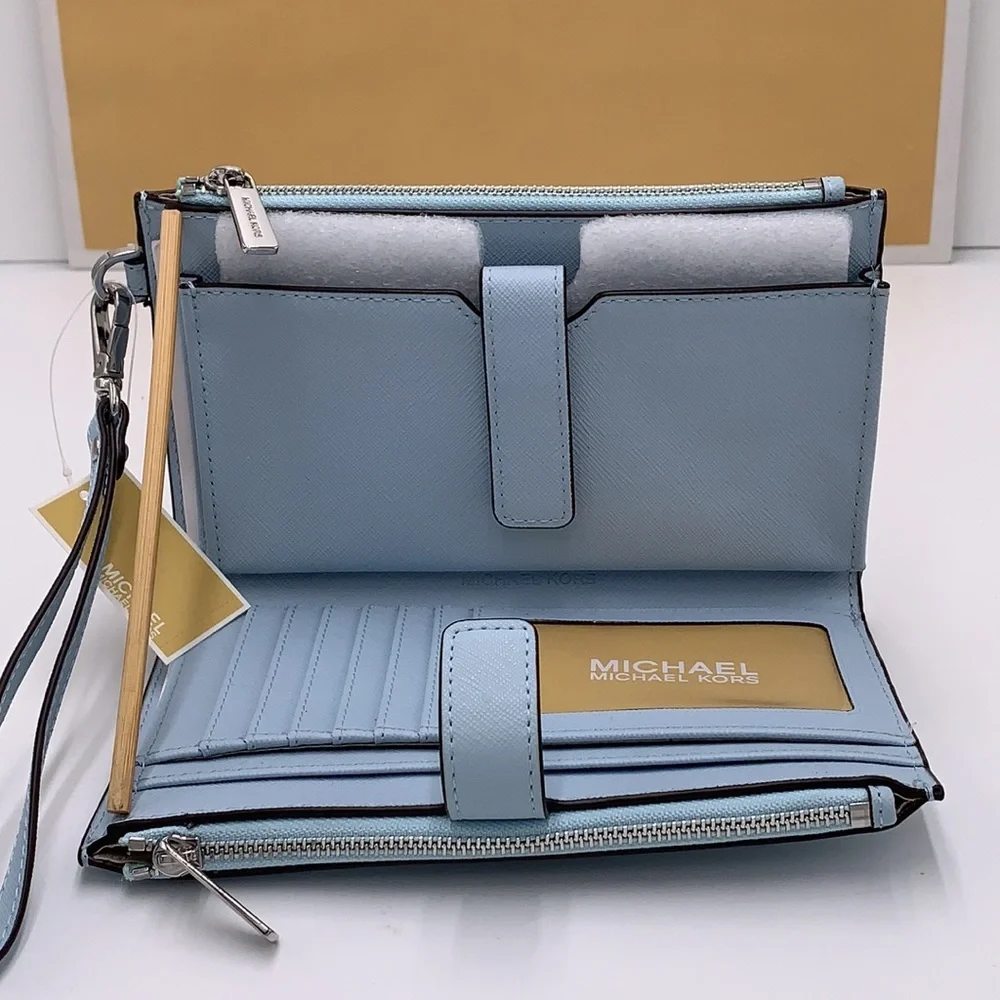 MICHAEL KORS LG DOUBLE ZIP WRISTLET Phone Case Holder Wallet Vista Blue